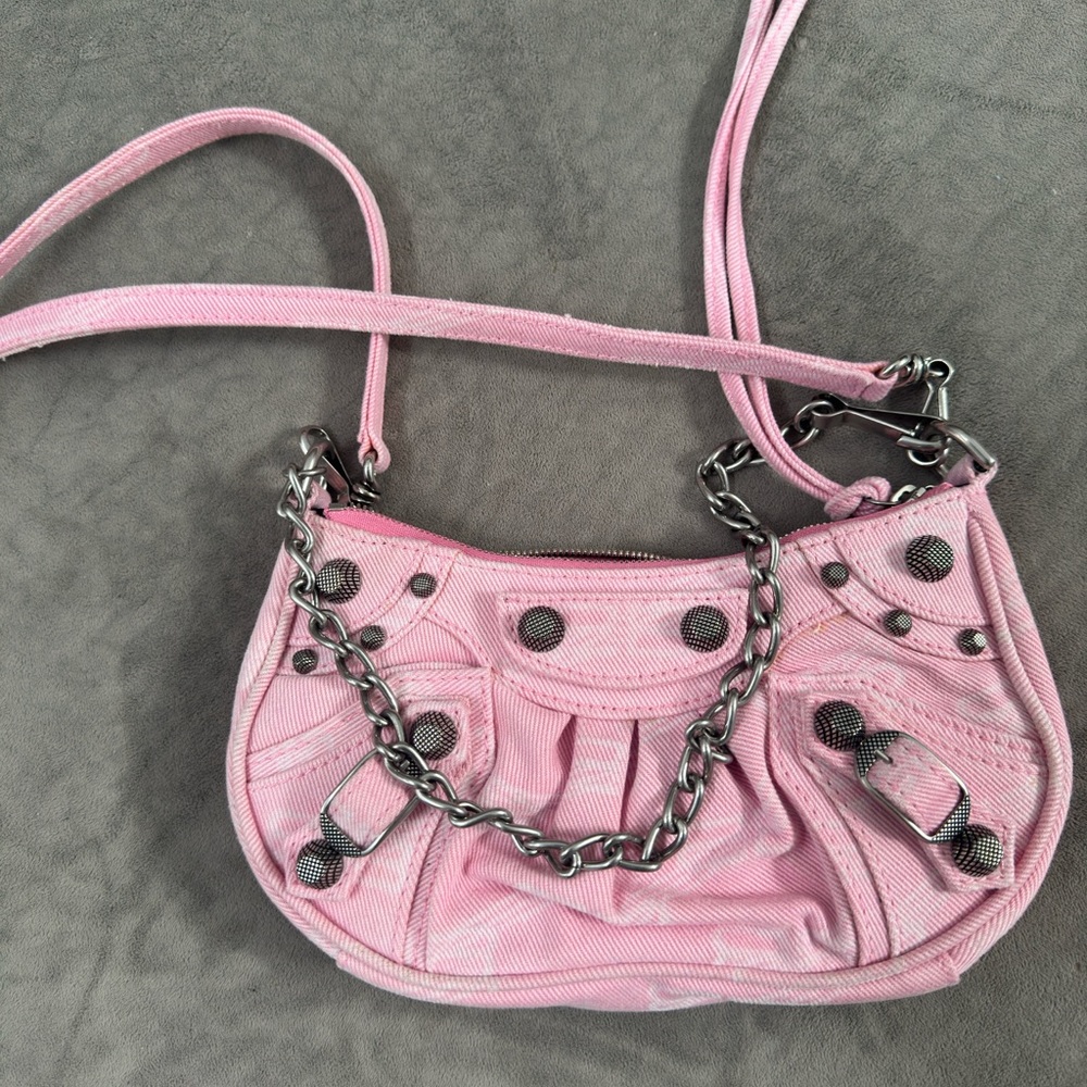 Brand New : Never Work Balenciaga Le Cagole mini studded printed denim  bag